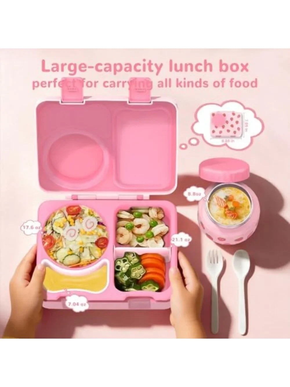 Kids Bento Box Set with Food Jar, Water Bottle & Lunch Bag - Strawberry Design